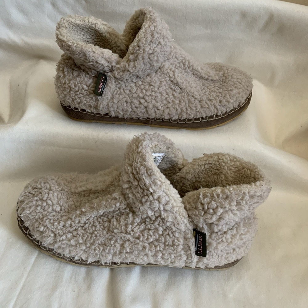 LL Bean Cozy Slippers Cream Pile Fleece Sherpa Comfort Booties Womens Size‎ 9M